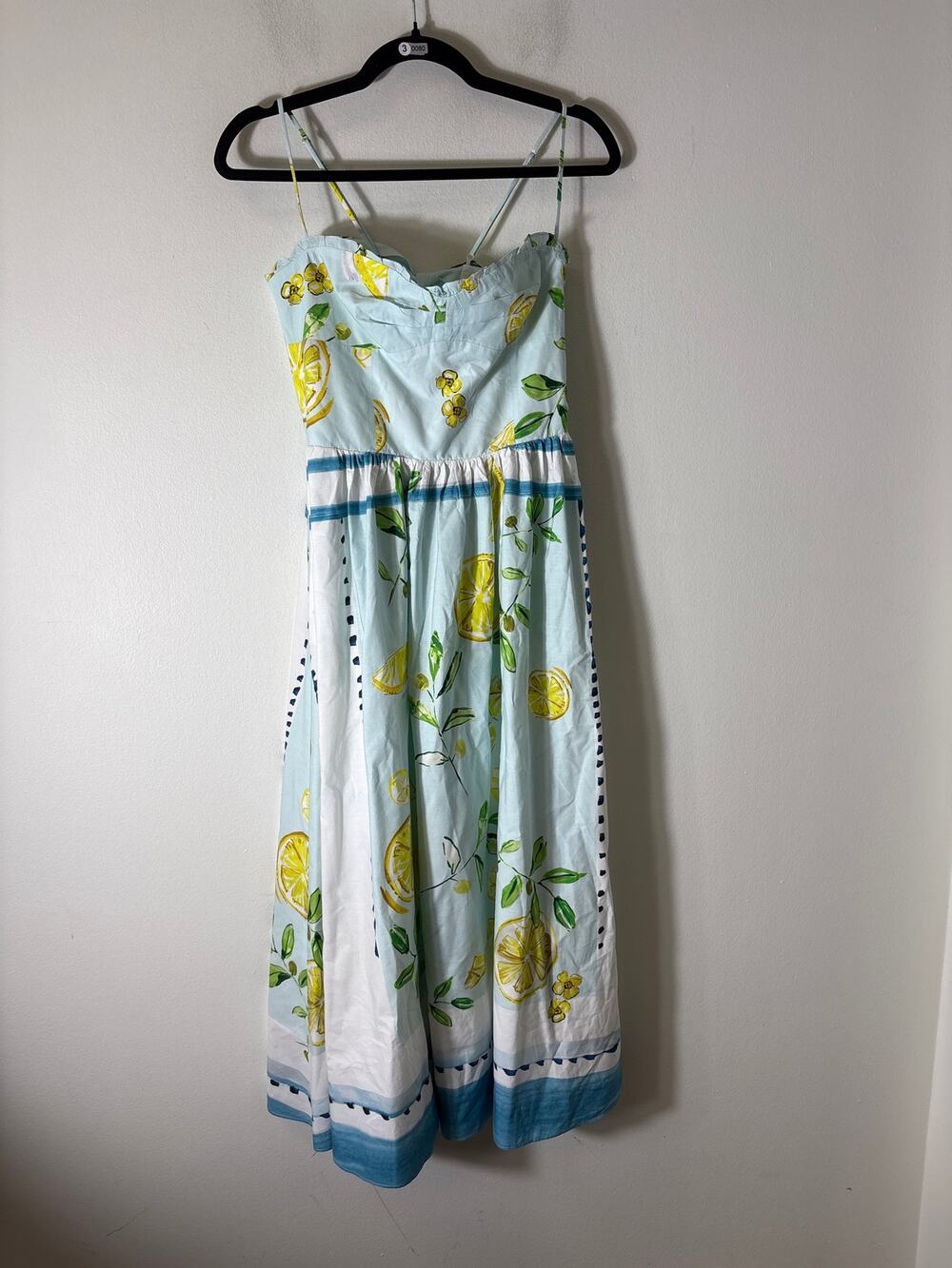 Zara Light Blue Lemons Backless Cotton Maxi Dress Sz L